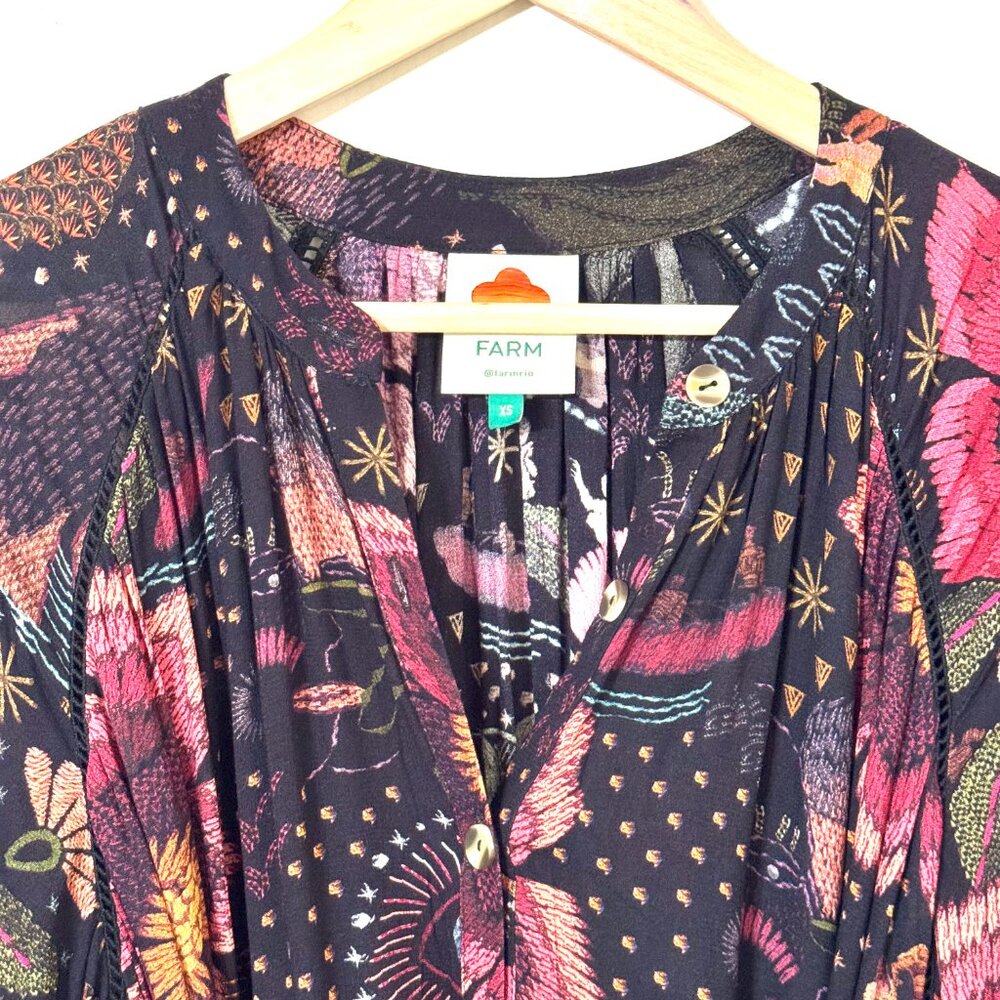 Farm Rio River Creatures Black Floral Mini Dress Tie Belt Button Front Tassels - Picture 2 of 16